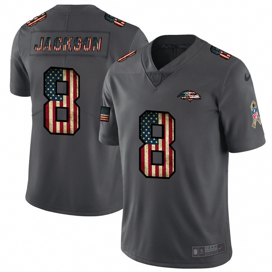 Men's Baltimore Ravens #8 Lamar Jackson Grey 2019 Salute To Service USA Flag Fashion Limited Stitched NFL Jersey